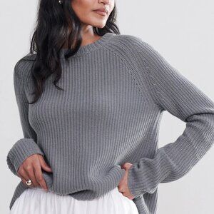 Jenni Kayne Women's Medium Dusty Blue Fisherman Sweater Crew Neck 100% Cotton